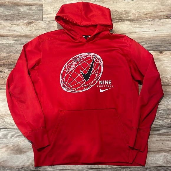 Nike Football Hoodie Size Large Red Black Performance Dri Fit Pocket No Strings - Picture 1 of 2